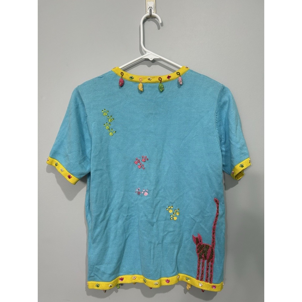 Vtg Berek Short Sleeve Knit Cat Novelty Cardigan Sweater Sz S Dangle Mice Beaded - Picture 2 of 12